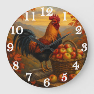 Lebendiger Hahn mit Äpfeln Bauernhof Große Wanduhr