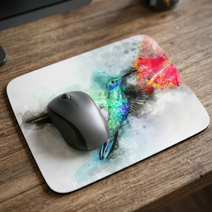 Lebendiger Kolibri-Aquarell-Blumen-Kunst-Druck Mousepad