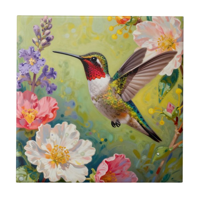 Lebendiger Kolibri-Blumengarten Fliese (Vorderseite)