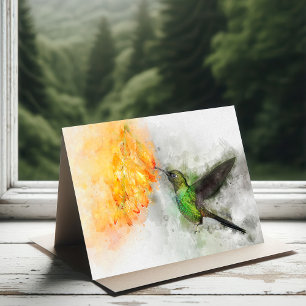 Lebendiger Kolibri und gelbe Blumen in Wasserfarbe Dankeskarte