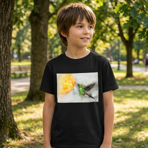Lebendiger Kolibri und gelbe Blumen in Wasserfarbe T-Shirt