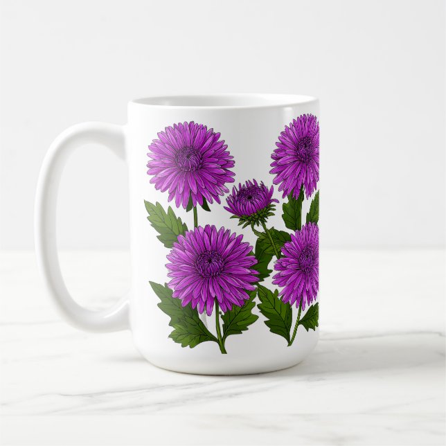 Lebendiger lila Chrysanthemenstrauß Kaffeetasse (Links)