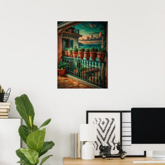 Lebendiger mediterraner Balkon mit Meerblick Kunst Poster