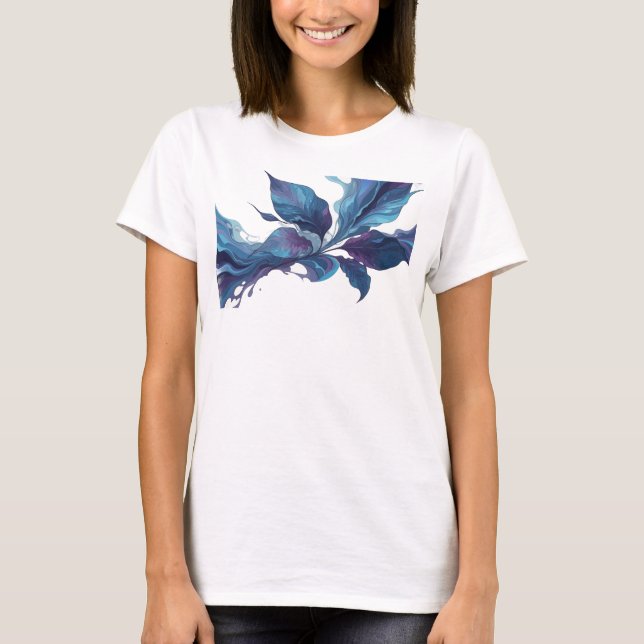 Lebendiger Navy-Abstrakt-Blätter-Mode-Druck T-Shirt (Vorderseite)