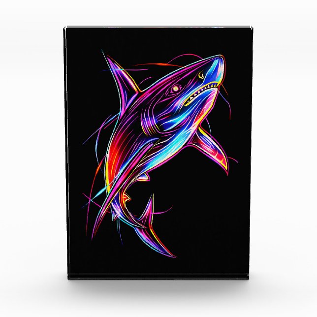 Lebendiger Neon-Hai Moderne digitale Ozeane Fotoblock (Vorderseite)