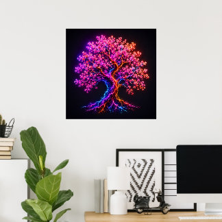 Lebendiger Neon-Kirschblütenbaum mit elektrischer Poster