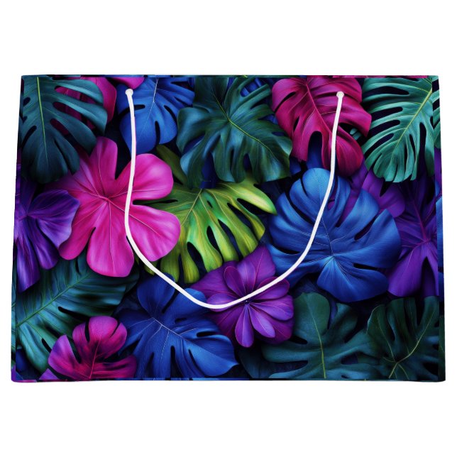 Lebendiger neon-tropischer Monstera-Blätter-Hinter Große Geschenktüte (Vorderseite)