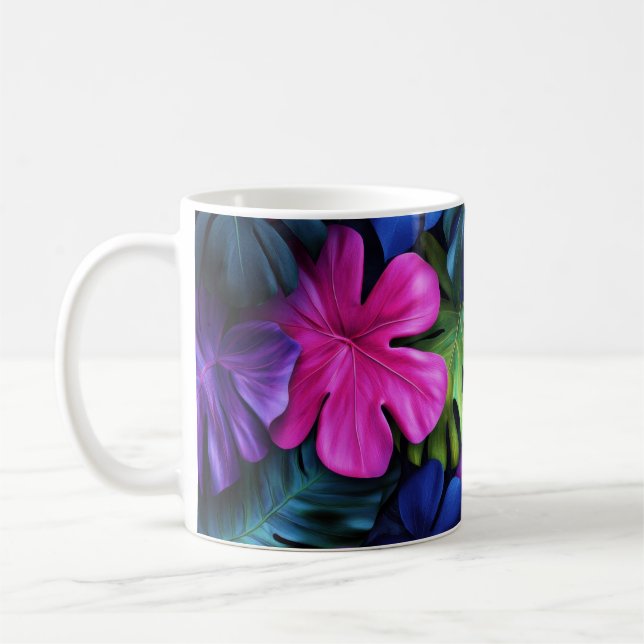 Lebendiger neon-tropischer Monstera-Blätter-Hinter Kaffeetasse (Links)