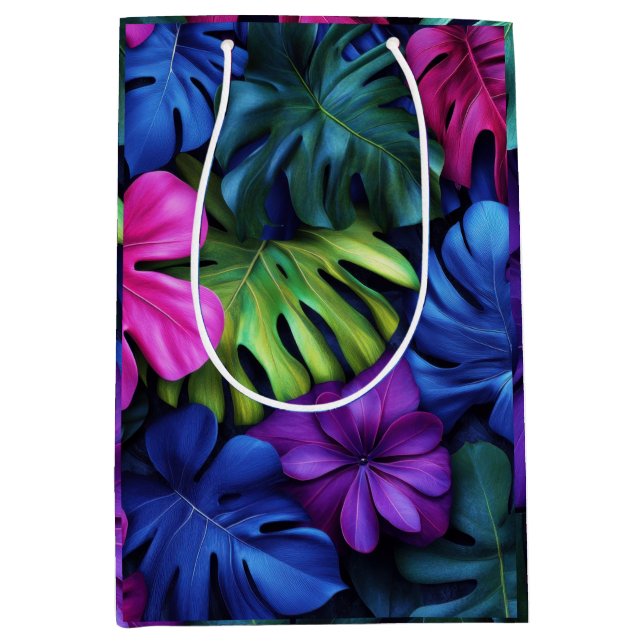 Lebendiger neon-tropischer Monstera-Blätter-Hinter Mittlere Geschenktüte (Vorderseite)