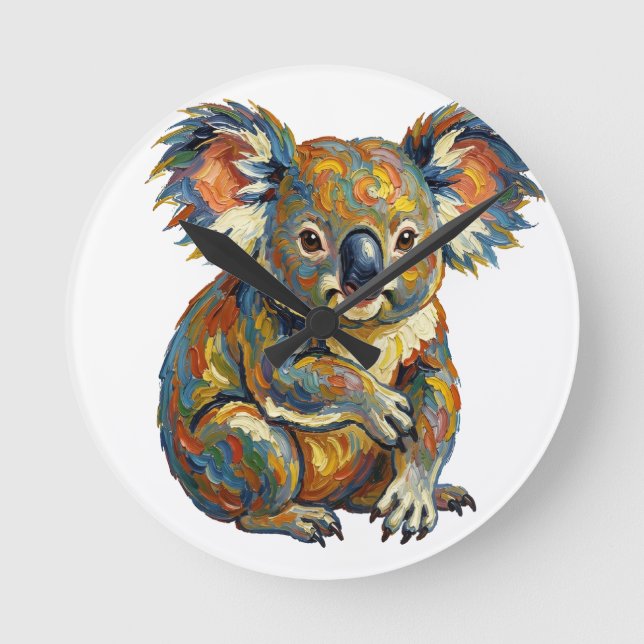 Lebendiger Ölmalstil Bunter Impasto Koala Runde Wanduhr (Vorderseite)