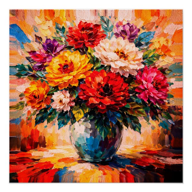 Lebendiger Pfingstrosenstrauß in Vasen-Impasto Poster (Vorderseite)