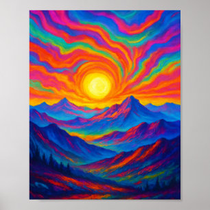Lebendiger psychedelischer Bergsonnenuntergang  Poster