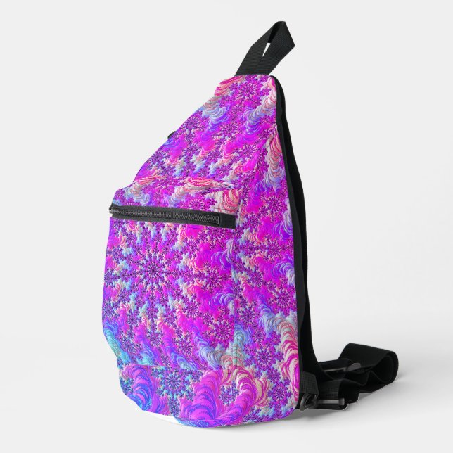 Lebendiger psychedelischer, bunter Groovy Fraktal  Crossbody Bag (Rechte Ecke)