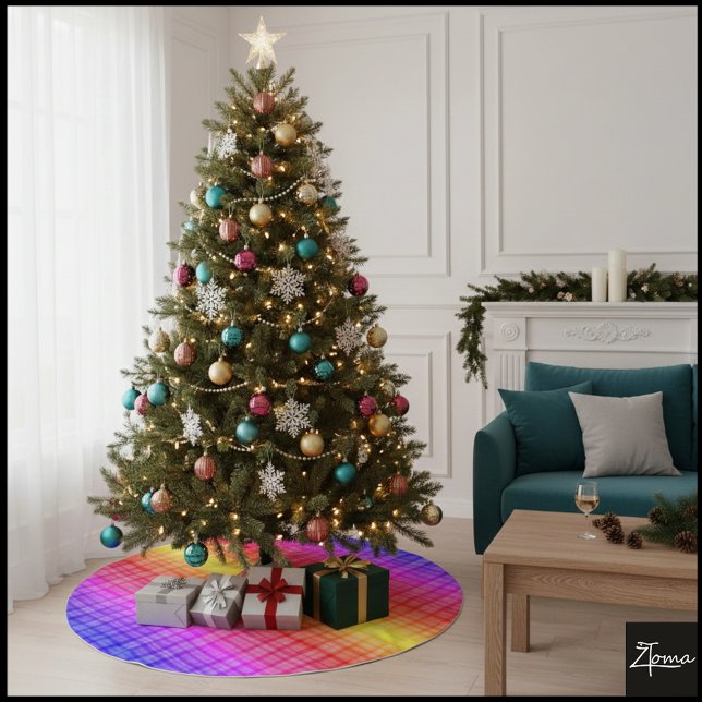 Lebendiger Regenbogen-Karogradient digitaler Hinte Polyester Weihnachtsbaumdecke (Von Creator hochgeladen)
