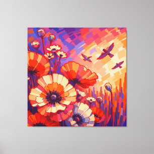 Lebendiger Retro-Blumenleinwanddruck Kühner Boho Leinwanddruck