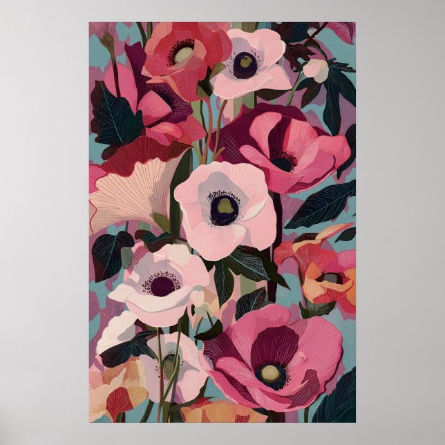 Lebendiger rosa Anemonen-Blumenprint Modern Magent Poster (Vorne)