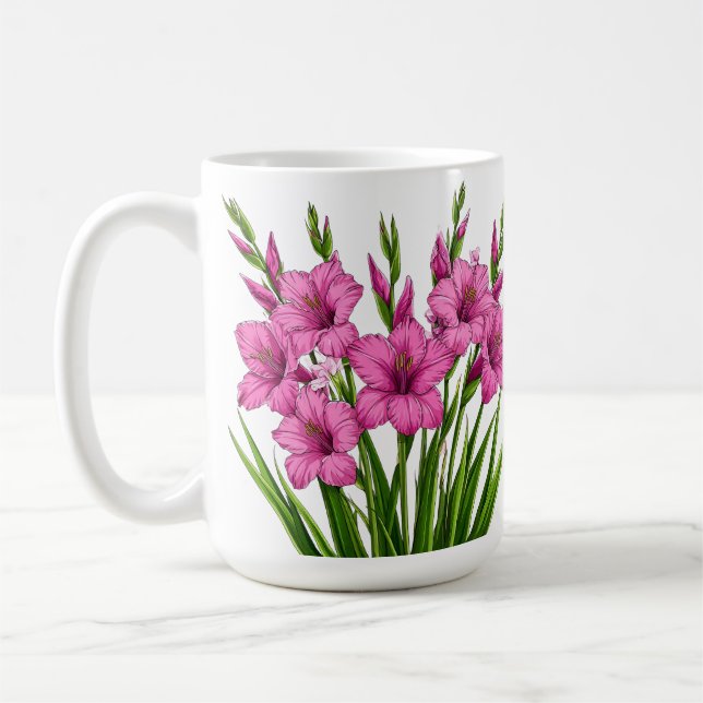 Lebendiger rosa Gladiolenstrauß mit grünem Blattwe Kaffeetasse (Links)