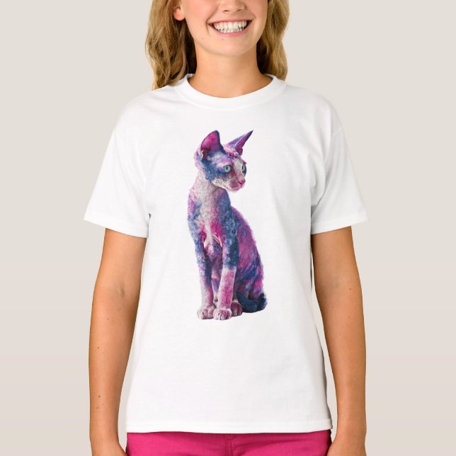 Lebendiger rosa und blauer lockiger Fellk Katzen-K T-Shirt (Vorderseite)