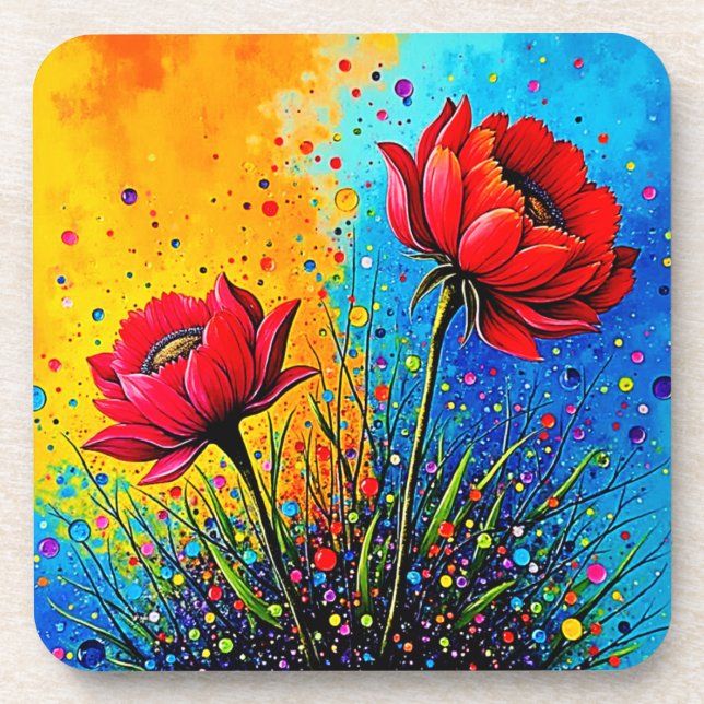Lebendiger roter Blumen Pop Art Druck Getränkeuntersetzer (Vorderseite)