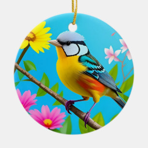 Lebendiger Singvogel auf einem blühenden Ast Keramik Ornament