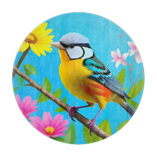 Lebendiger Singvogel auf einem blühenden Ast Schneidebrett