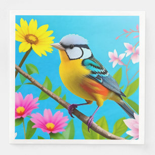 Lebendiger Singvogel auf einem blühenden Ast Serviette