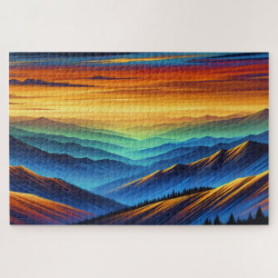 Lebendiger Sonnenuntergang über farbenfrohen Bergk Puzzle