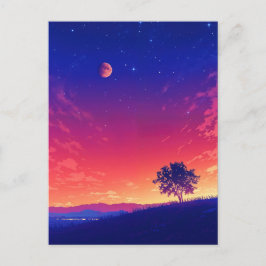 Lebendiger Sonnenuntergangsbaum und Blutmond Postkarte