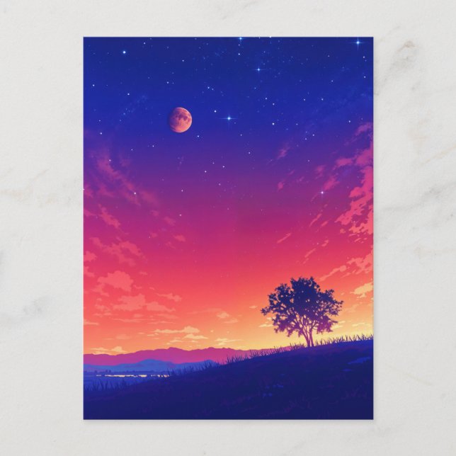 Lebendiger Sonnenuntergangsbaum und Blutmond Postkarte (Vorderseite)