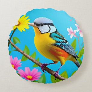 🌿 Lebendiger Tit-Vogel Floraler Zweig Geschenk Fü Rundes Kissen