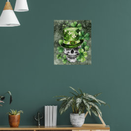 Lebendiger Totenkopf mit grüner Hut-Illustration Poster