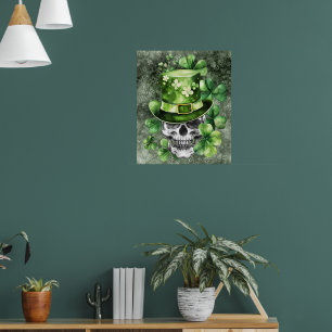 Lebendiger Totenkopf mit grüner Hut-Illustration Poster