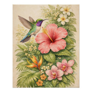 Lebendiger Tropischer Kolibri Botanischer Hibiskus Poster