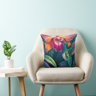 Lebendiger Tropischer Kolibri und Orchidee Kissen