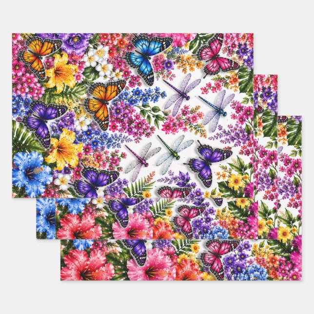 Lebendiger tropischer Schmetterling- und Libellen- Geschenkpapier Set (Set)