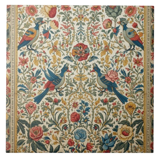 Lebendiger Vintage-Vogel- und Blumengarten Fliese (Vorderseite)