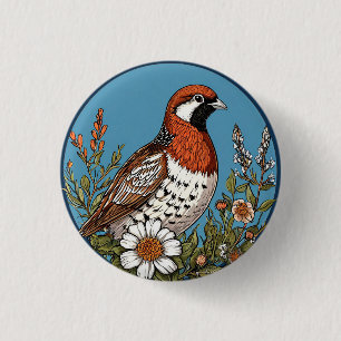 Lebendiger Vogel umgeben von farbenfrohen Wildblum Button