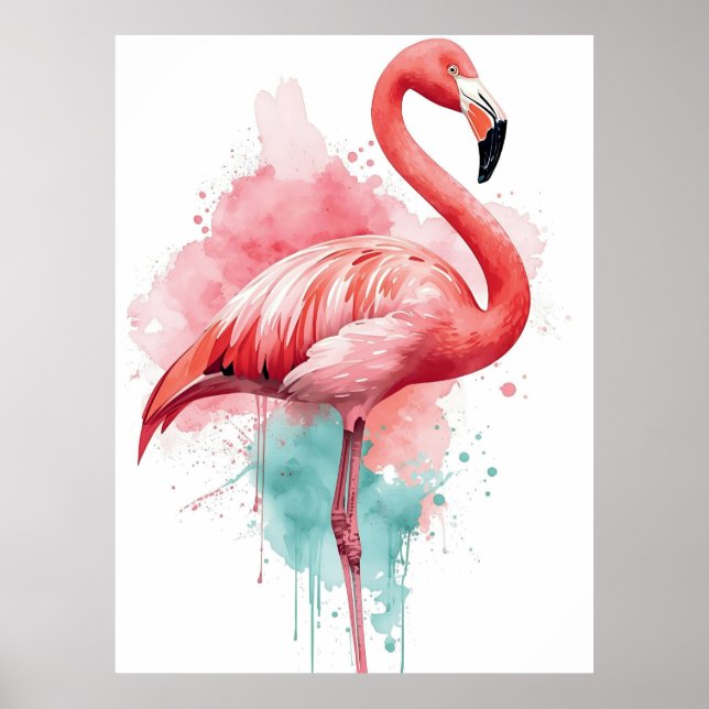 Lebendiger Wasserfarb-Flamingo Rosa und Türkis-Spr Poster (Vorne)