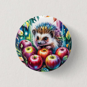 Lebendiger Wasserfarben-Igel mit Herbstäpfeln Button