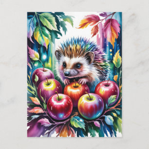 Lebendiger Wasserfarben-Igel mit Herbstäpfeln Postkarte