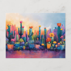 Lebendiger Wasserfarben-Kaktus und Blumen Postkarte
