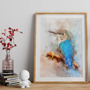 Lebendiger Wasserfarben-Kolibri auf einem Ast Fotodruck