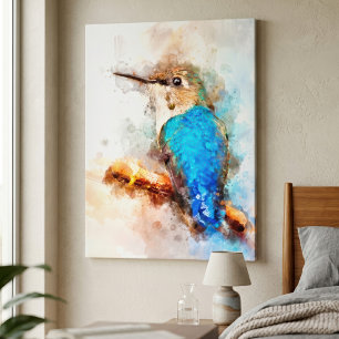 Lebendiger Wasserfarben-Kolibri auf einem Ast Leinwanddruck