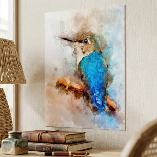 Lebendiger Wasserfarben-Kolibri auf einem Ast Poster