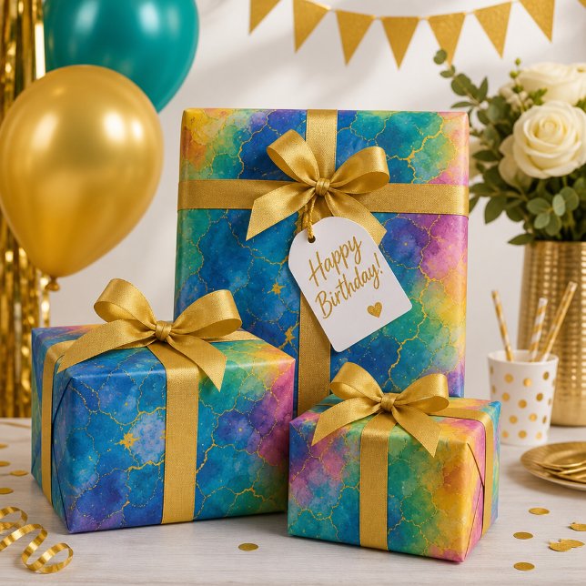 Lebendiger Wasserfarben-Regenbogen mit goldenen Ad Geschenkpapier (Von Creator hochgeladen)