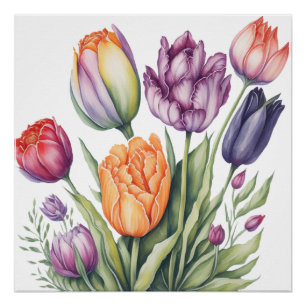 Lebendiger Wasserfarben-Tulpenstrauß Poster
