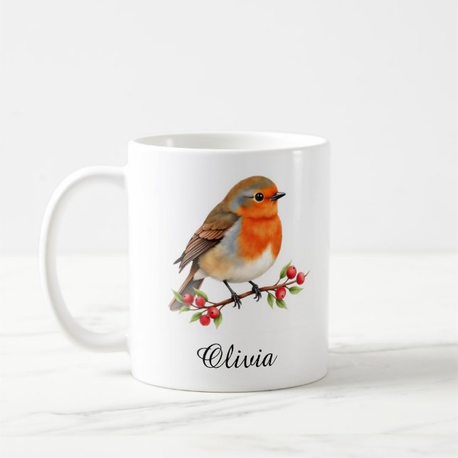Lebendiger Wasserfarbener Rotkehlchen auf Stechpal Kaffeetasse (Links)