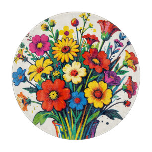 Lebendiger Wildblumenstrauß in Volkskunst Schneidebrett