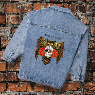 Lebendiger Zucker-Schädel-Owl rote Rosen  Jeansjacke