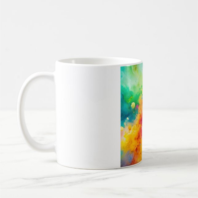 Lebendiges abstraktes Aquarell-Spritzmuster Kaffeetasse (Links)
